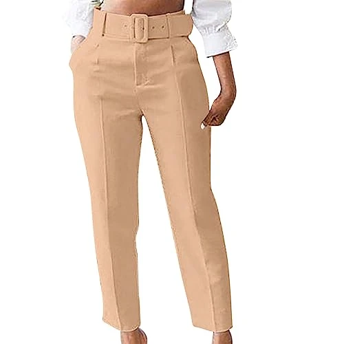 Work Trousers for Women UK Ladies Office Smart Stretch Suit Pants with Belt Cigarette Straight Leg T