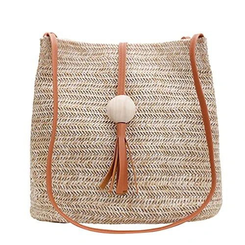 ) Woven Bucket Bag Straw Tassel Handbag Tote Shoulder Bag with Leather Strap for Women Girls (Brown Straw