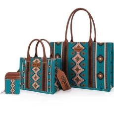 Wrangler Tote Bag for Women Aztec Top Handle Satchel Purse Boho Shoulder Handbags, Angel Diamond Dark Tealblue 3pcs, One Size