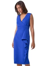 Wrap Draped Crepe Stretch Dress for Women UK - Ladies Everyday Holiday Spring Summer V-Neckline Comfy Soft Evening Vacation Work Party - Royal Blue - Size 14 Wrap Draped Crepe Stretch Dress for Women UK - Ladies Everyday Holiday Spring Summer V-Neckline Comfy Soft Evening Vacation Work Party - Royal Blue - Size 14