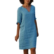Wrap Dress Short Cotton and Linen Short Sleeve Holiday Semi Casual Women's V-Neck Mini Dress Plain Women's Dress Summer Dresses Knee-Length, blue, XXL