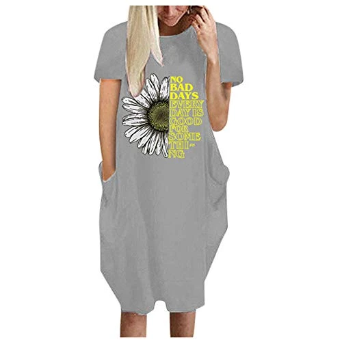 Wrap Dress Women Winter Ladies DressO-Neck Sunflower Print BeachCaselle Loose Clothing Wrap Dress Short, gray, M