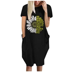 Wrap Dress Women Winter Ladies DressO-Neck Sunflower Print BeachCaselle Loose Clothing Wrap Dress Short, black, L