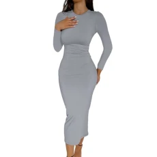 Wrap Dress Women's High Waist Slim Wrap Skirt Plain Round Neck Long Evening Dresses Fashion High Waist Cocktail Dress Long Sleeve Casual Beach Dress, gray, L