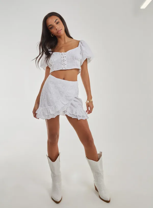 Wrap Front Broderie Mini Skirt - 14 - Ivory