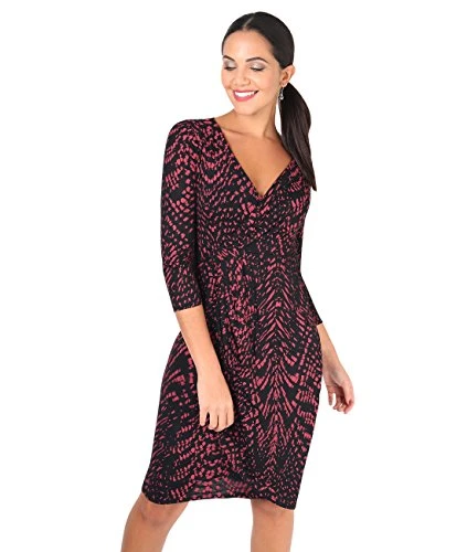Wrap Midi Dress Crossover Printed V-Neck Bodycon (Wine/Black, 10), 6609-WINBLK-10