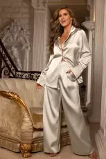 x JoJo Champagne Satin Collared Long Sleeve Blouse - Beige
