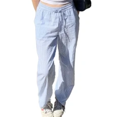 Y2K Striped Trousers for Women Wide Leg Elasticated Waist Pinstripe Pyjamas Bottoms Long Loose Fit Summer Lounge Trousers with Pockets for Going Out (Striped Blue and White, L)