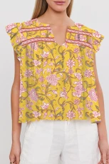 Yellow Floral Notched Neck Ruffled Sleeve Casual Blouse - Yellow / / 100%Polyester