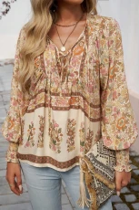 Yellow Floral Print Tie Neck Lantern Sleeve Blouse - YELLOW / / 100%POLYESTER