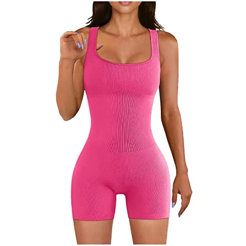 Yoga Jumpsuit for Women Ribbed One Piece Tank Top Sleeveless Bodycon Sport Shorts Gym Romper Workout