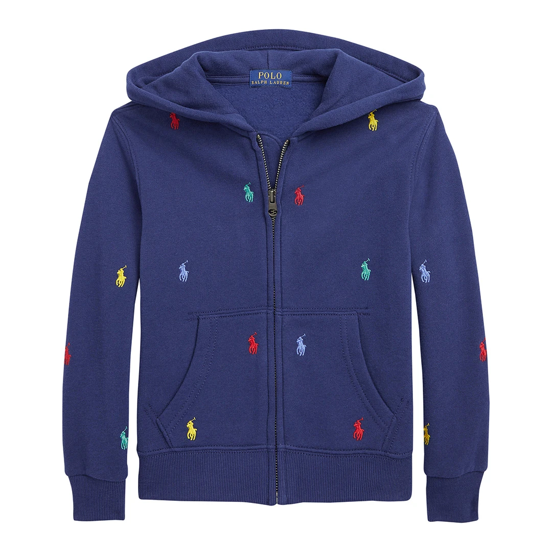 Younger Boy&prime; Dark Blue Pony Print Cotton Blend Zip Up Hoodie