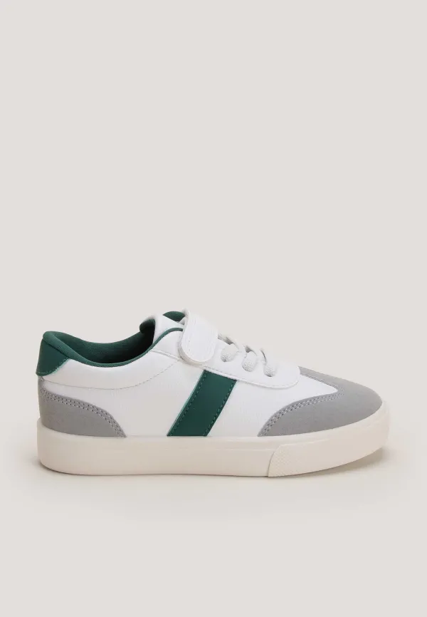 Younger Boys White & Green Stripe Velcro Retro Trainers