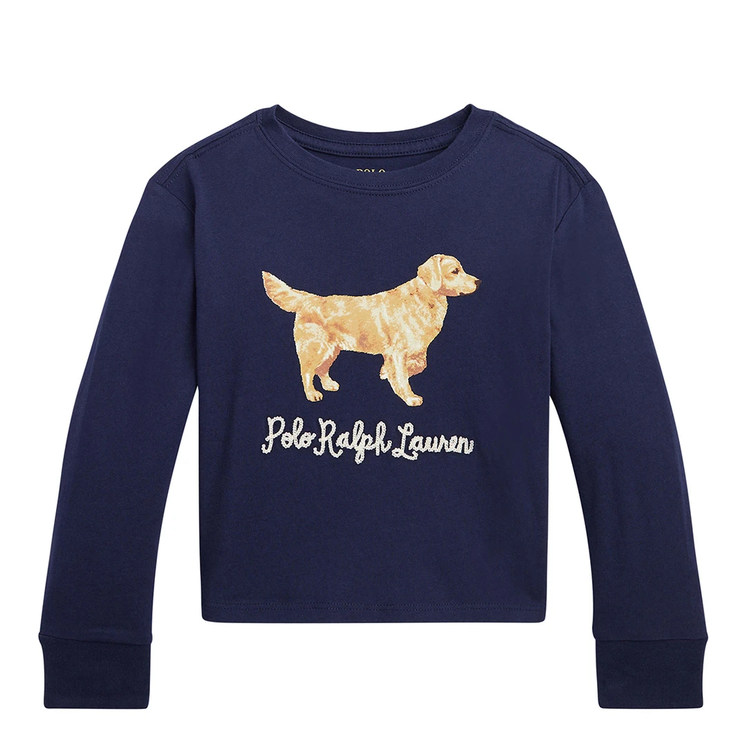 Younger Girl&prime; Navy Animal Logo Long leeve Cotton T hirt