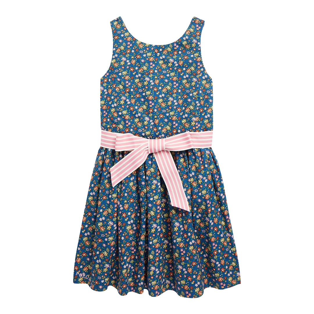 Younger Girls Blue Floral Print Poplin Cotton Dress ulti