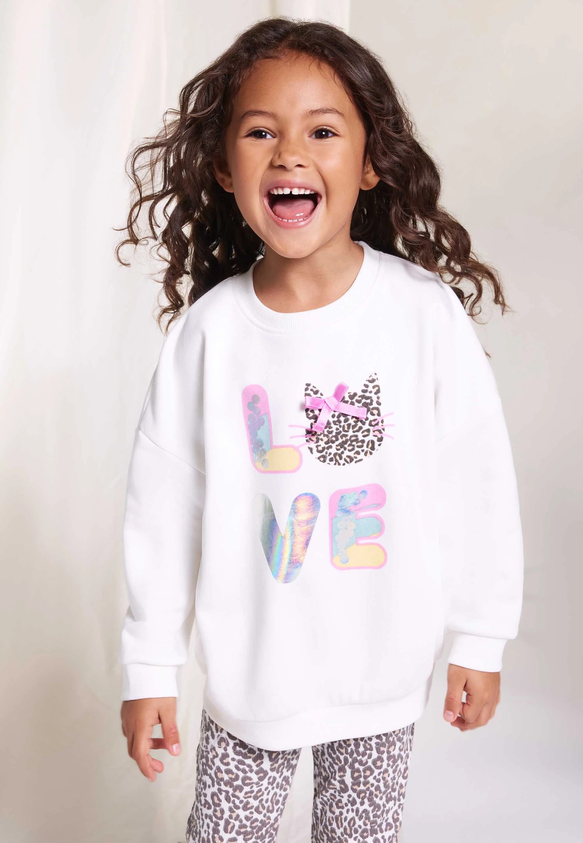 Younger Girls Cream Love Cat Bow Sweatshirt