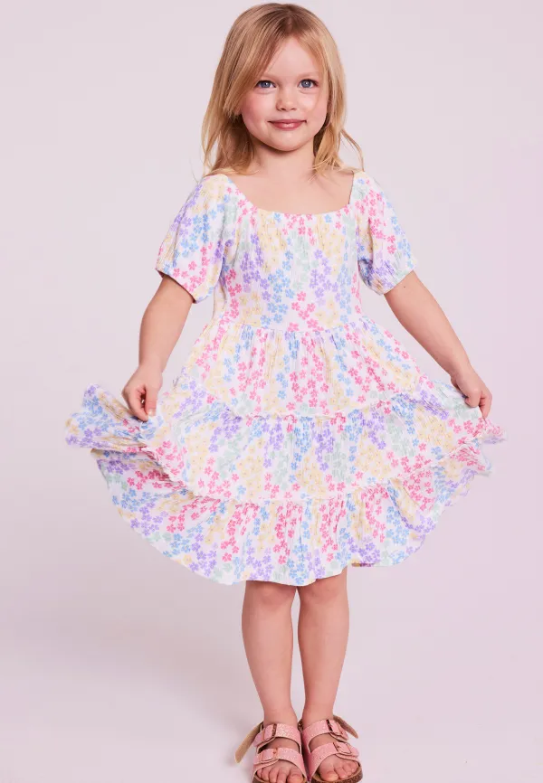 Younger Girls Cream & Multicolour Floral Print Tired Dress