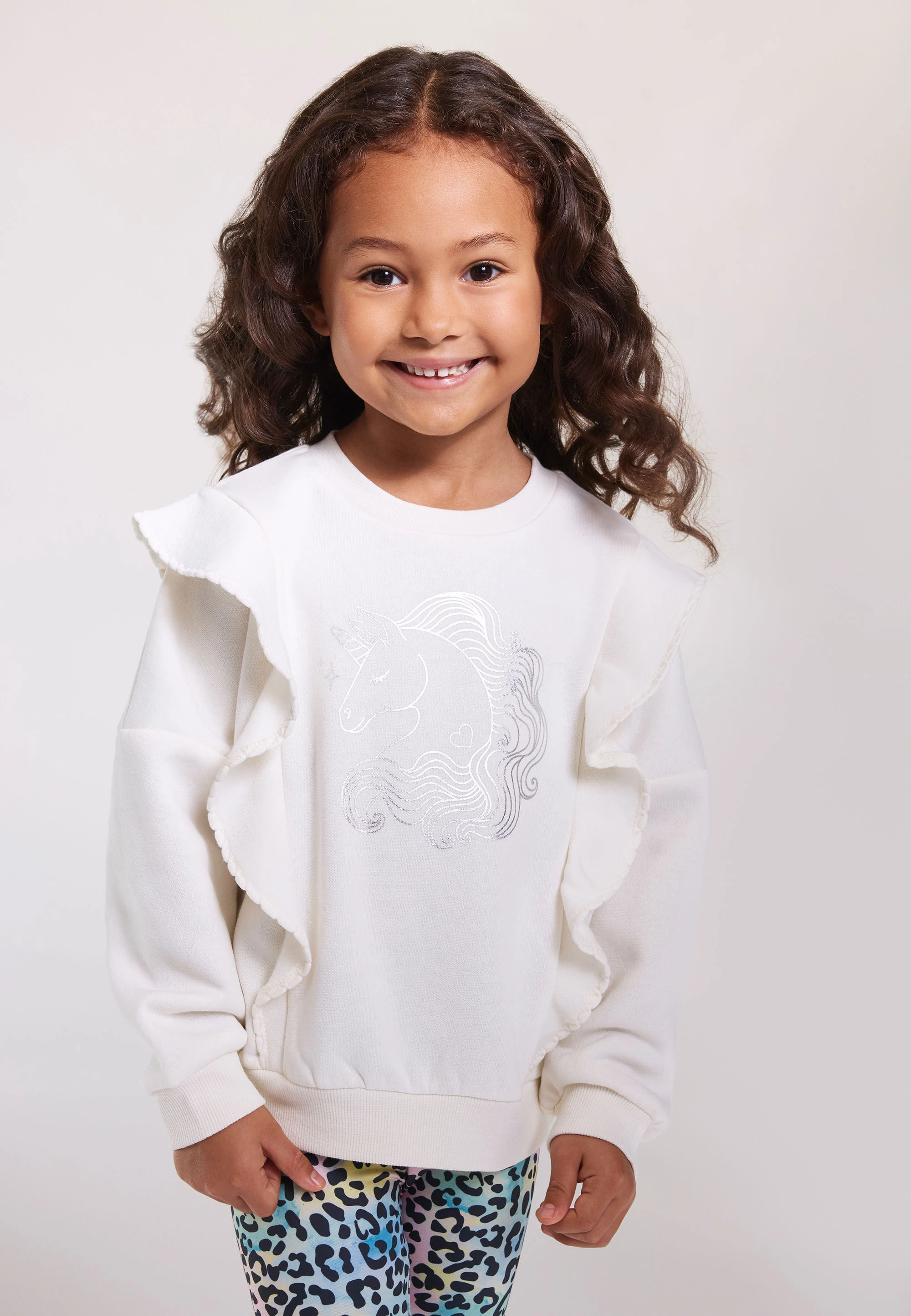 Younger Girls Cream Unicorn Ruffle Sweatshirt