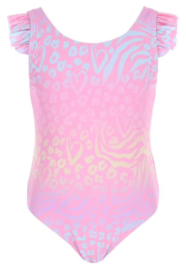 Younger Girls Pink Leopard & Heart Print Swimsuit