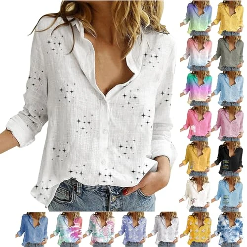 YRxUIAI Linen Shirts for Women Long Sleeve V Neck Tops Button Down Tunic Blouse Cute Printed Regular Fit Tee Elegant Solid Color Loose Casual T Shirt Ladies Beach Tops Work Holiday (9-Pink, XXXL)