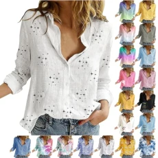 YRxUIAI Linen Shirts for Women Long Sleeve V Neck Tops Button Down Tunic Blouse Cute Printed Regular Fit Tee Elegant Solid Color Loose Casual T Shirt Ladies Beach Tops Work Holiday (9-Pink, XXXL)