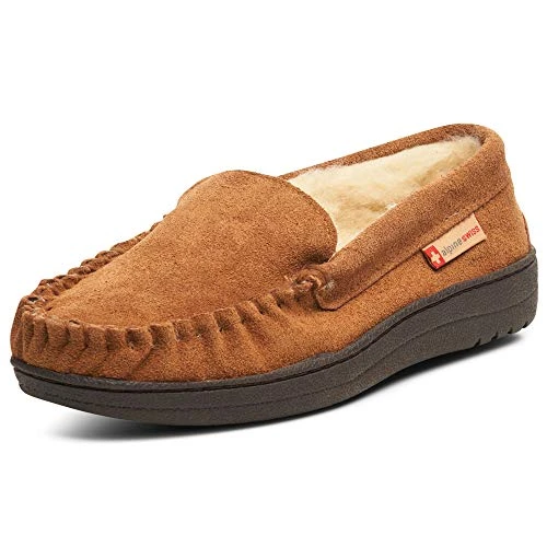 Yukon Mens Suede Shearling Slip On Moccasin Slippers Chestnut 7 M US