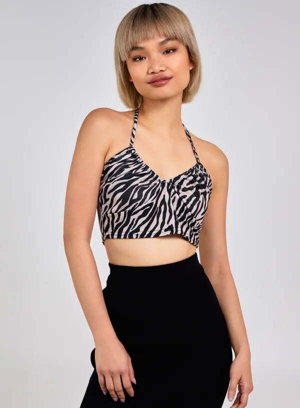 Zebra Print Halter Neck Top - 10 - Black/ Stone