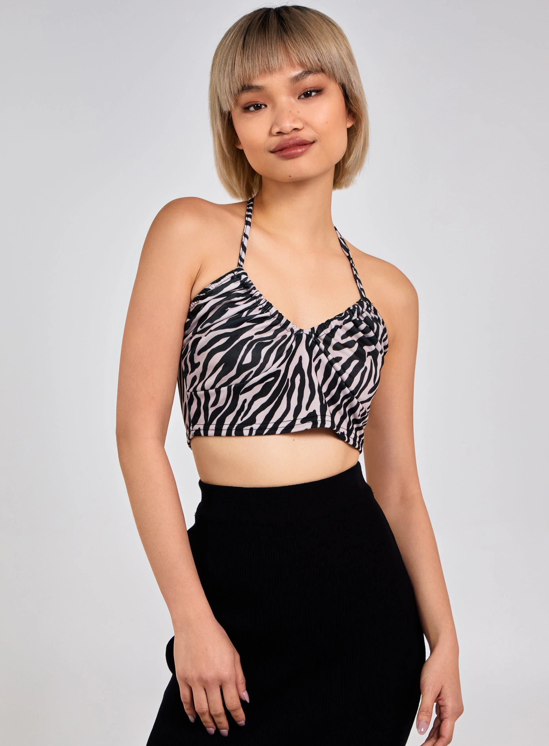 Zebra Print Halter Neck Top  - 8  - Black/ Stone