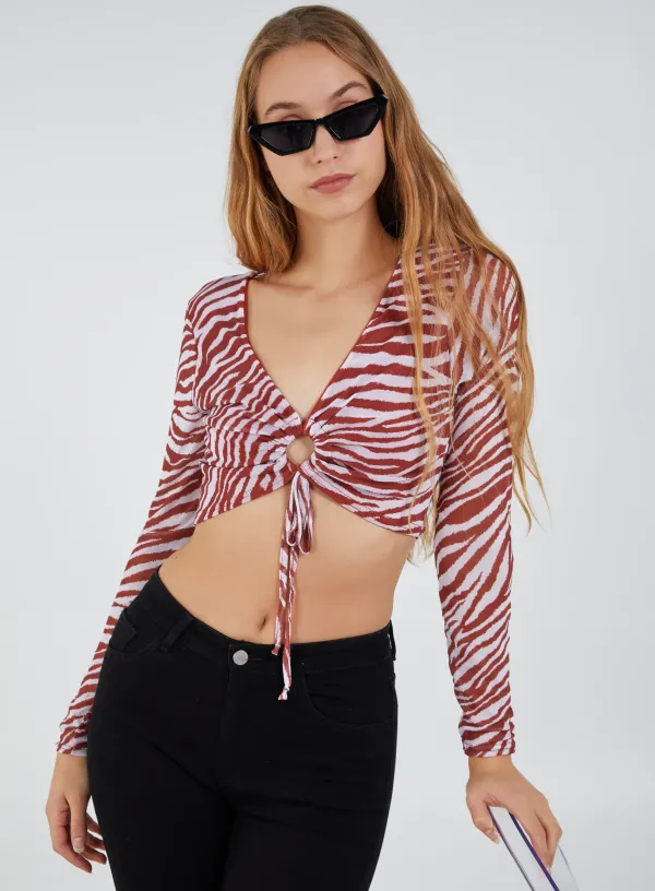 Zebra Print Plunge Neck Mesh Top - - Rust
