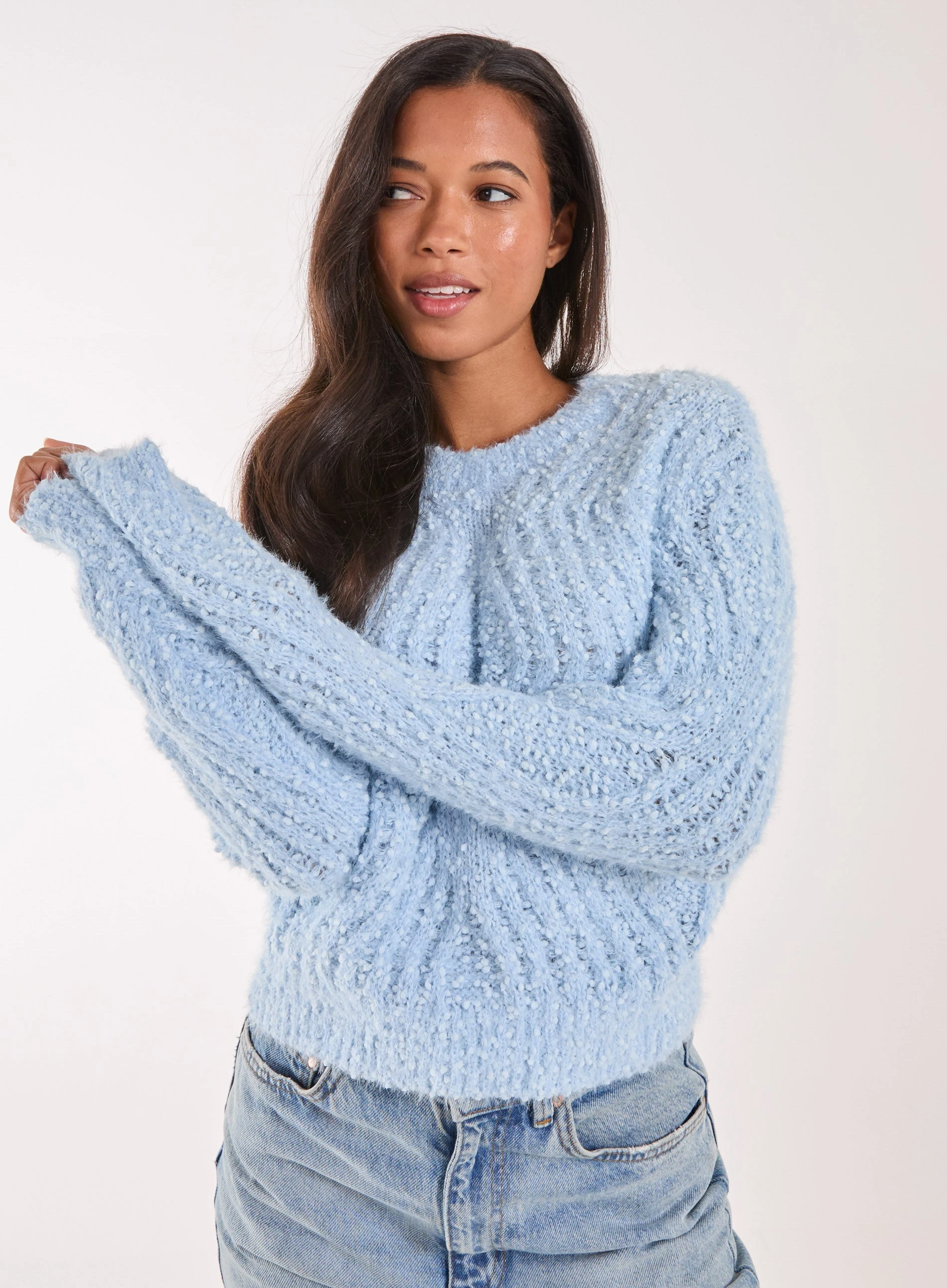 Zig Zag Detail Cropped Knit Jumper - M/L - BLUE