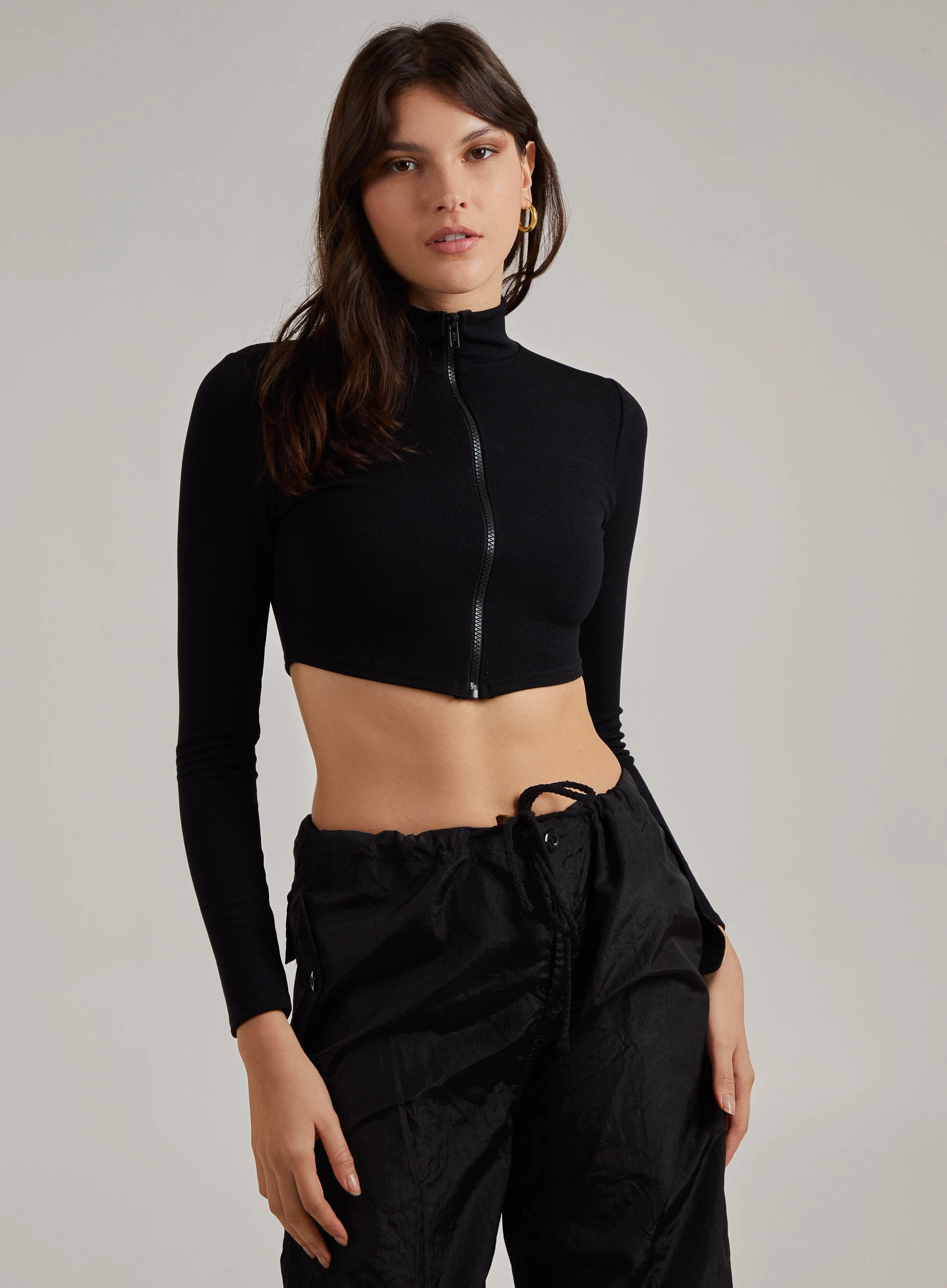 Zip Up Ribbed Cropped Long Sleeve Top  - S  - Black