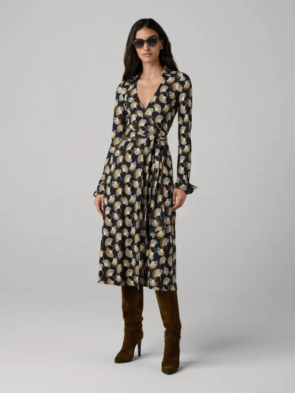 Antonia Silk Jersey Wrap Dress - Tiny Gingko Fans Black