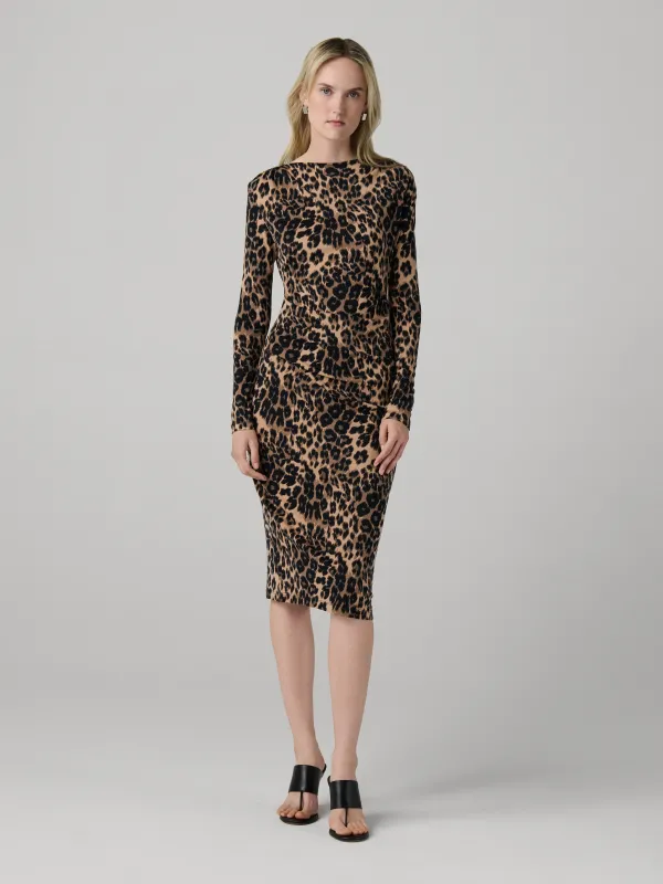 Darrius Long Sleeve Dress - Tiny Snow Leopard Tobacco