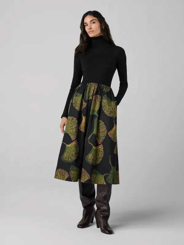 Selena Turtleneck Dress - Giant Gingko Fans Black