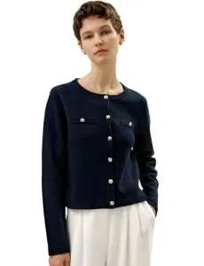 100% Silk Cardigan for Women Button-Down Cropped Sweater Jacket for Ladies Round Neck Semi-Formal(Navy Blue,S)