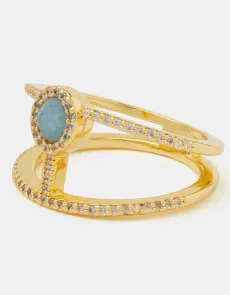 14ct Gold-plated Light Blue Sapphire Double Band Ring Gold, Size L 14ct Gold-plated Light Blue Sapphire Double Band Ring Gold, Size L