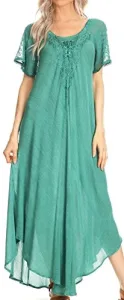 16611 - Helena Embroidered Lace-Up Caftan Dress/Cover Up with Eyelet Sleeves - Aqua - OS