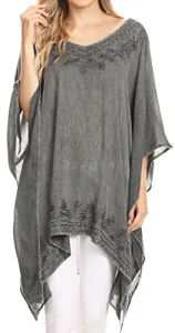 1801 - Regina Women's Lightweight Stonewashed Poncho Top Blouse Caftan Cover up - Gray - OS 1801 - Regina Women's Lightweight Stonewashed Poncho Top Blouse Caftan Cover up - Gray - OS