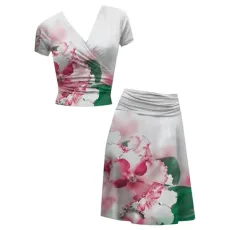 2 Piece Floral Spring Dress V Neck Short Sleeve T Shirt Midi Skirt Wrap Hip Dress Elegant Short Skirts Summer Beach Dress Skirt and Top Sets Women Summer Skirt Women Midi Women's Skirts Hot Pink