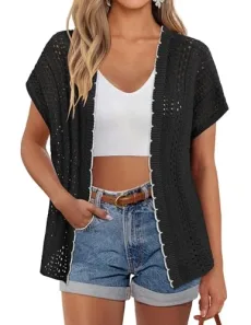 2025 Womens V Neck Short Sleeve Oversized Cardigan Casual Hollow Out Knitted Jacket Black L