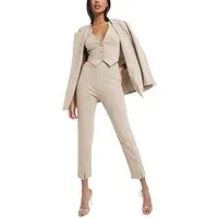 3 Piece Buttonless Peak Lapel Belted Waist Women's Suit (BlazerVestPants) - US 12 Beige 3 Piece Buttonless Peak Lapel Belted Waist Women's Suit (BlazerVestPants) - US 12 Beige