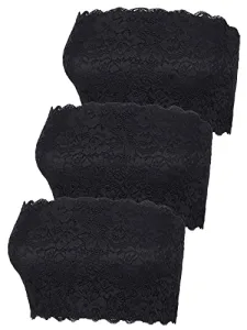 3 Pieces Women's Floral Lace Tube Top Bra Bandeau Strapless Bras Seamless Stretchy Chest Wrap (Black,X-Large) 3 Pieces Women's Floral Lace Tube Top Bra Bandeau Strapless Bras Seamless Stretchy Chest Wrap (Black,X-Large)