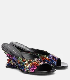75 sequined leather wedge mules