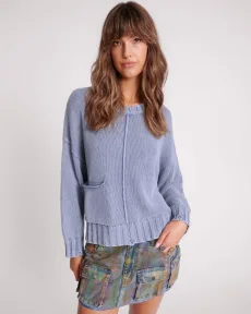 Acid Washed Oversized Pocket Sweater - Washed Blue, SML