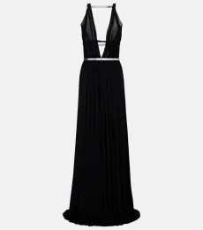 AlaÃa Leather-trimmed draped gown AlaÃa Leather-trimmed draped gown