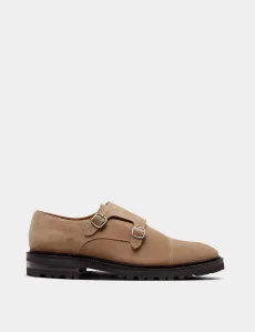 Beige Chunky Monk Strap Shoe Suede Plain Men's