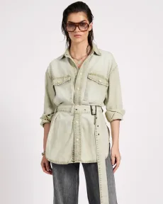 Belted Longline Denim Shirt - Antique Khaki, SML Belted Longline Denim Shirt - Antique Khaki, SML