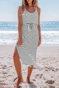 Black and White Stripe Scoop Neck Sleeveless Maxi Swim Dress Black and White Stripe Scoop Neck Sleeveless Maxi Swim Dress