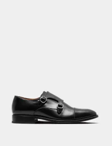 Black Double Monk Strap Shoe Polido Calf Leather Plain Men's