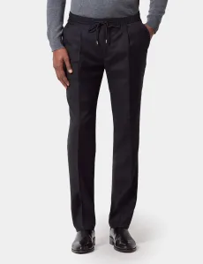Black Twill Pleated Drawstring Pants Wool Plain Men's Black Twill Pleated Drawstring Pants Wool Plain Men's